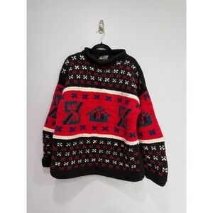 Vintage 100% Wool Hand Knit Sweater Geometric Cabin Design Red Black xl (no size